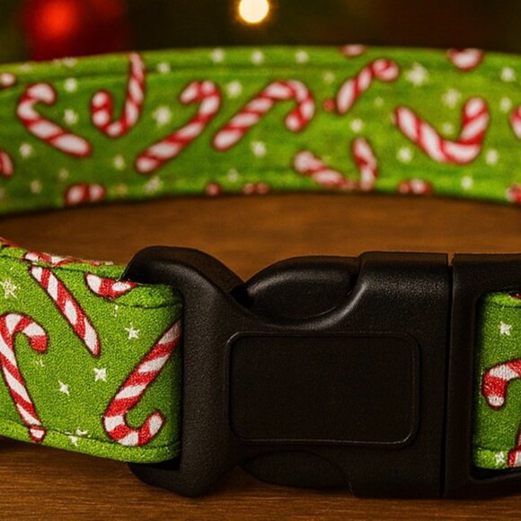 Christmas Dog Collar, Green Holiday Pet Collar, Candy Canes Cotton Collar Large - Picture 3 of 4